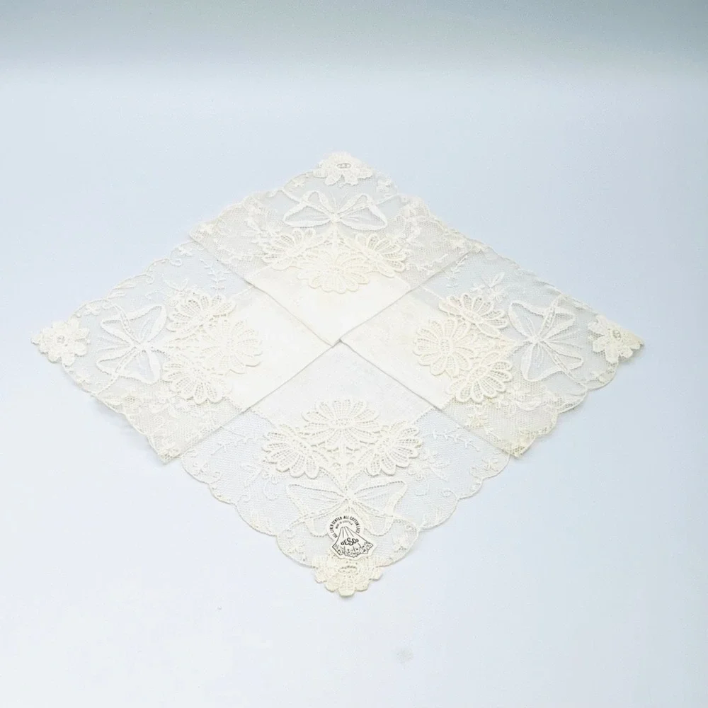 Desco Handkerchief 12x12 Vintage Cream Floral Lace Linen Cotton Austria